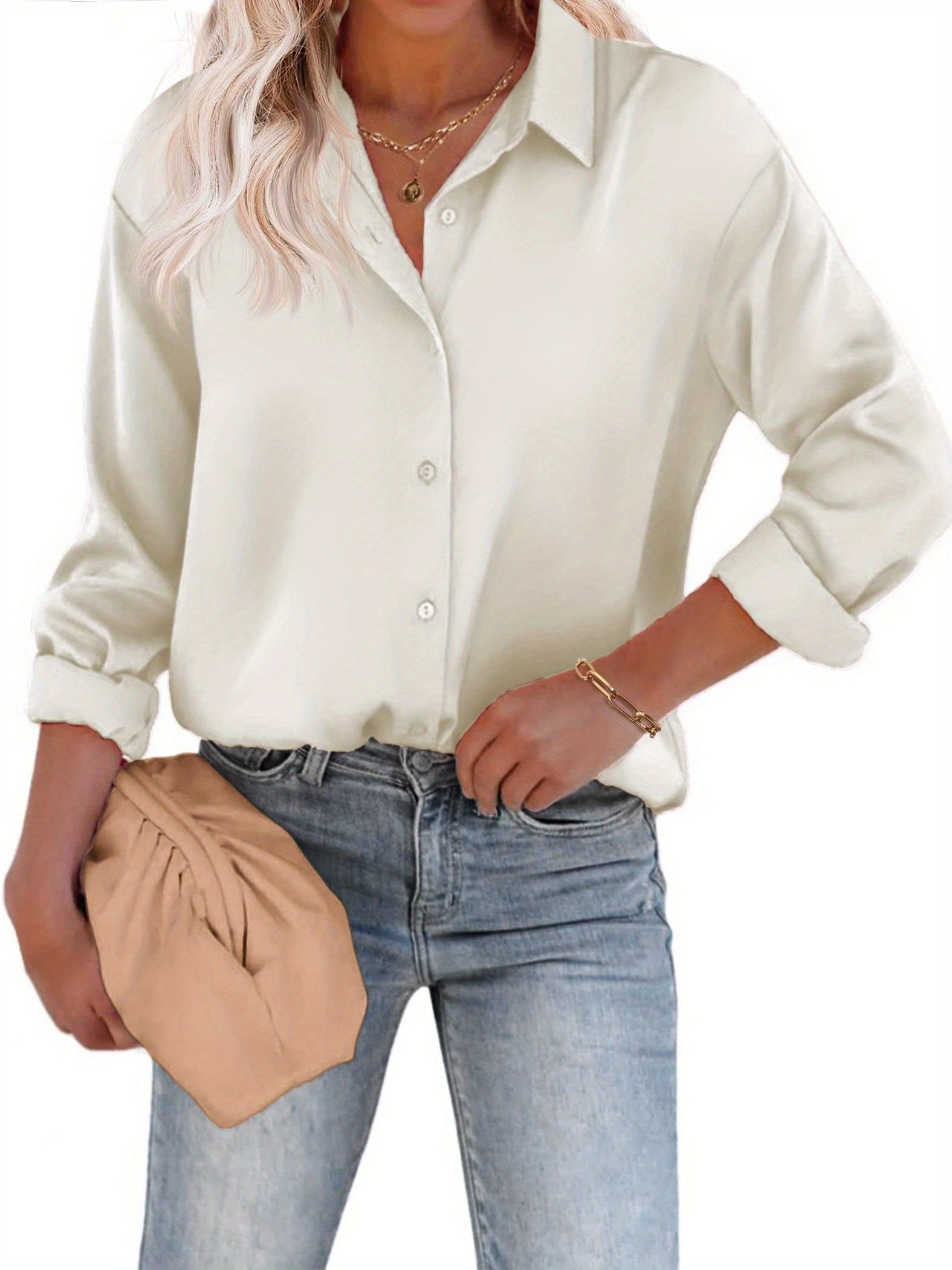 Casual Satijnen Blouse met Knoopsluiting en Lange Mouwen