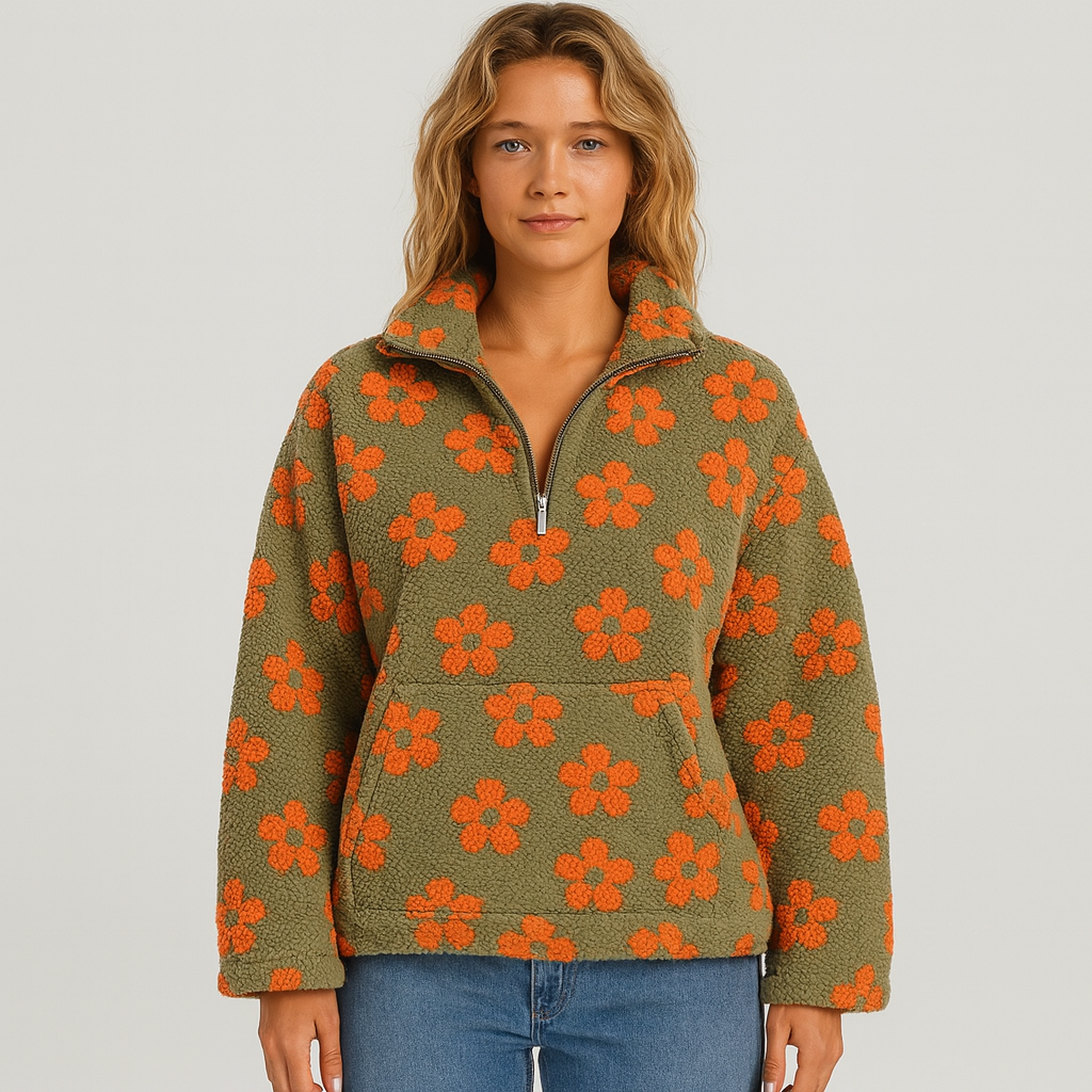 Dames Bloemen Trui met Halve Rits – Zacht, Warm & Trendy