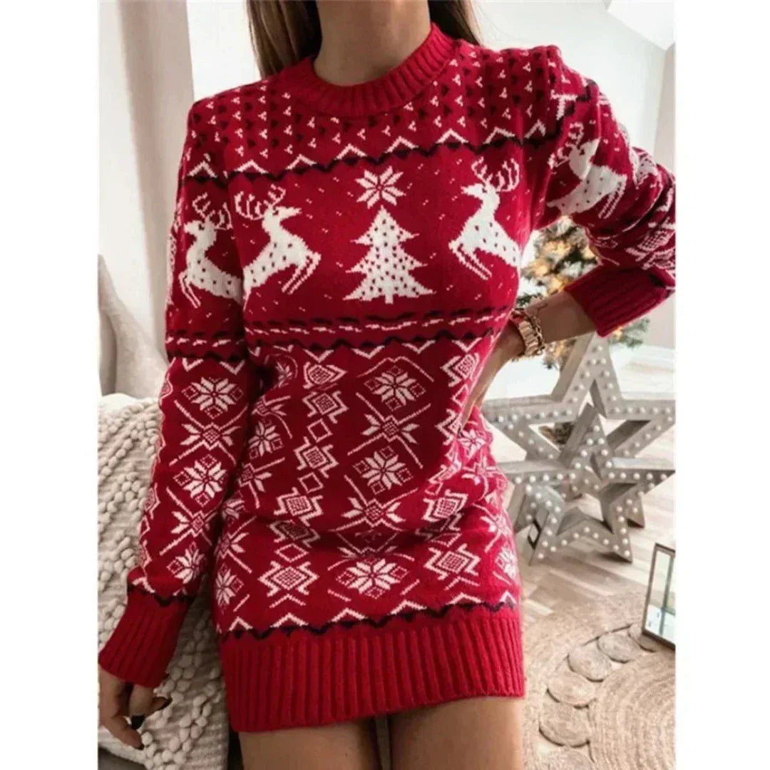 Dames Kerst Sweater Dress – Lange Wintertrui met Rendierprint