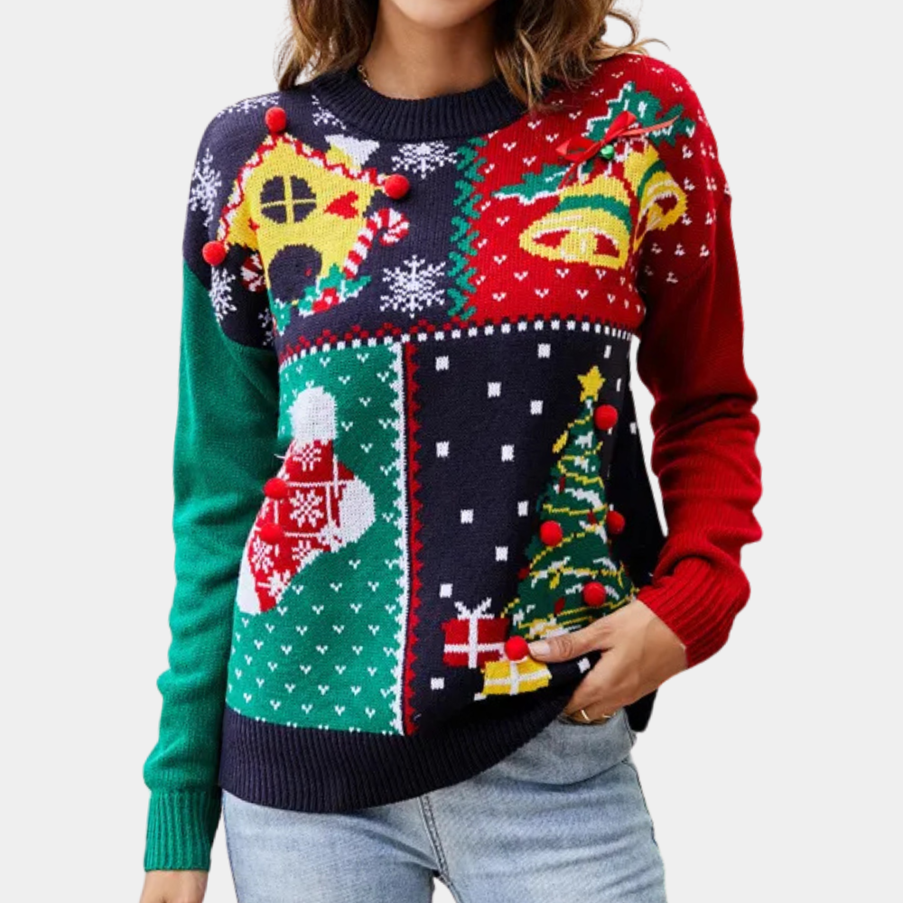 Dames Kerstsweater – Kleurrijke Patchwork Wintertrui met Kerstprint