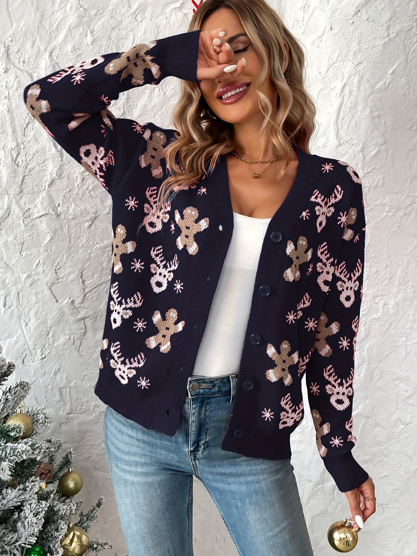 Kerst Cardigan voor Dames – Gebreid Vest met Winterse Print
