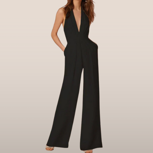 Mouwloze Dames Jumpsuit met Diepe V-Hals en Palazzo Pijpen
