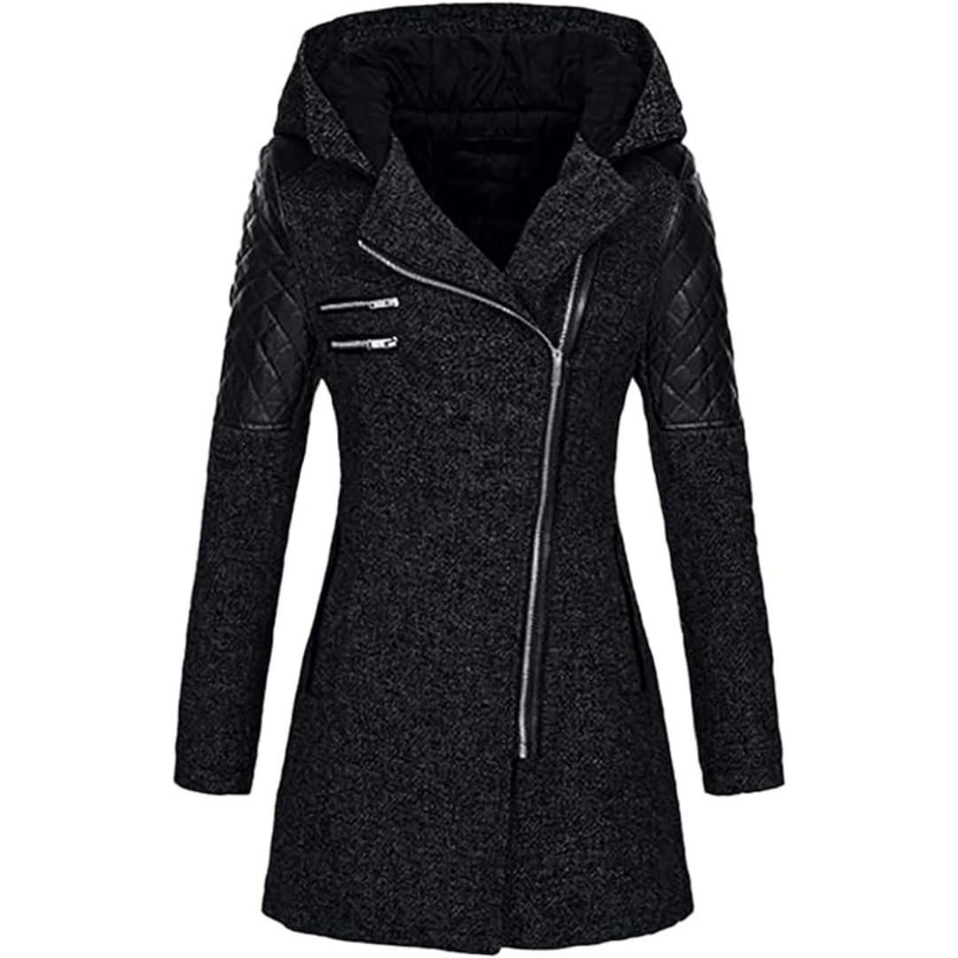 Lange damesjas – Elegante jas met capuchon en leren details