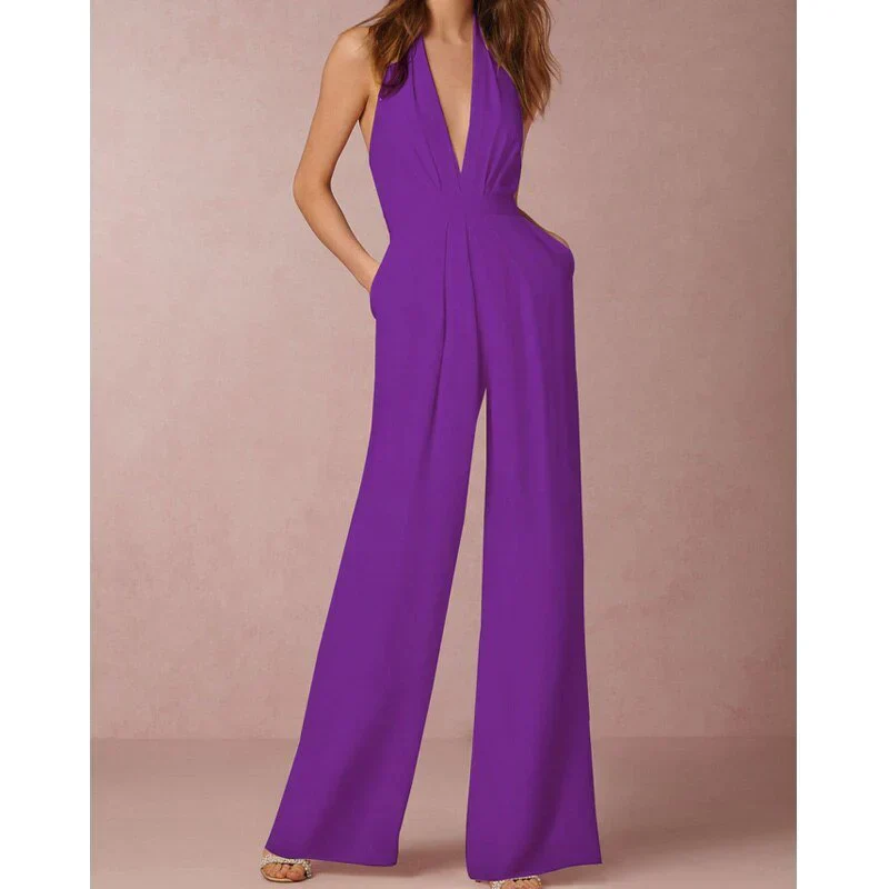 Mouwloze Dames Jumpsuit met Diepe V-Hals en Palazzo Pijpen