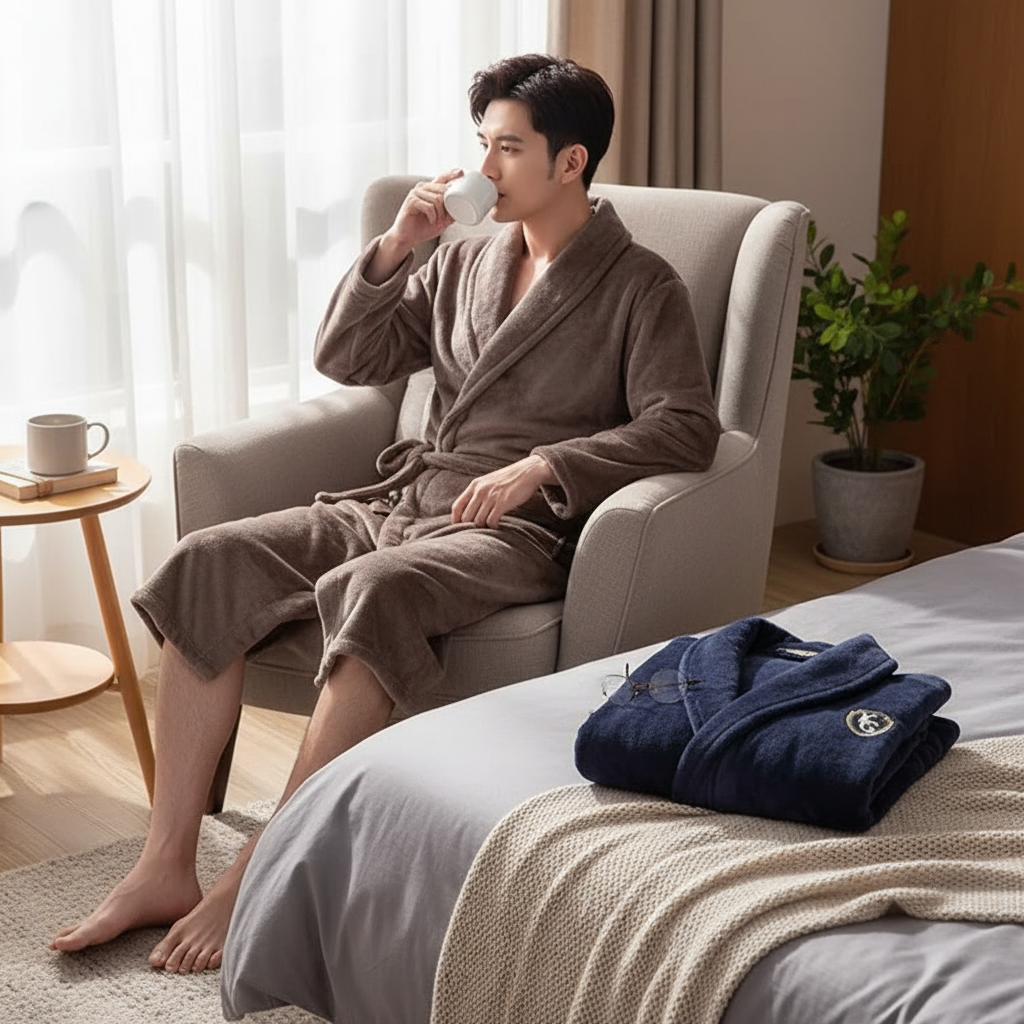 Heren badjas van flanel met V-hals en lange mouwen – Comfortabele homewear