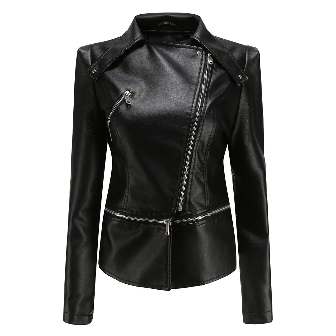 Elegant Leren Jasje met Asymmetrische Rits en Reverskraag