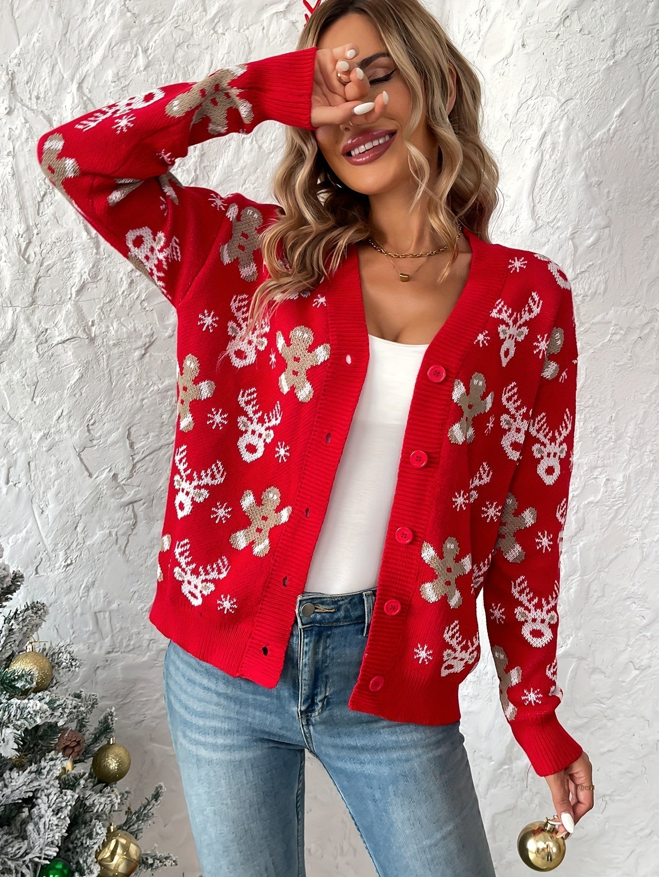 Kerst Cardigan voor Dames – Gebreid Vest met Winterse Print