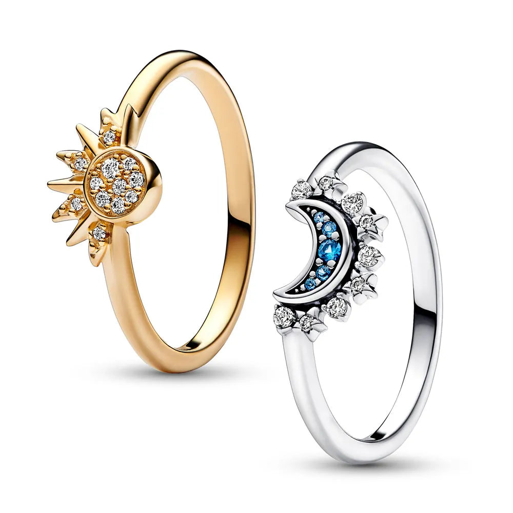 Zilveren Ring met Zon en Maan Kristallen