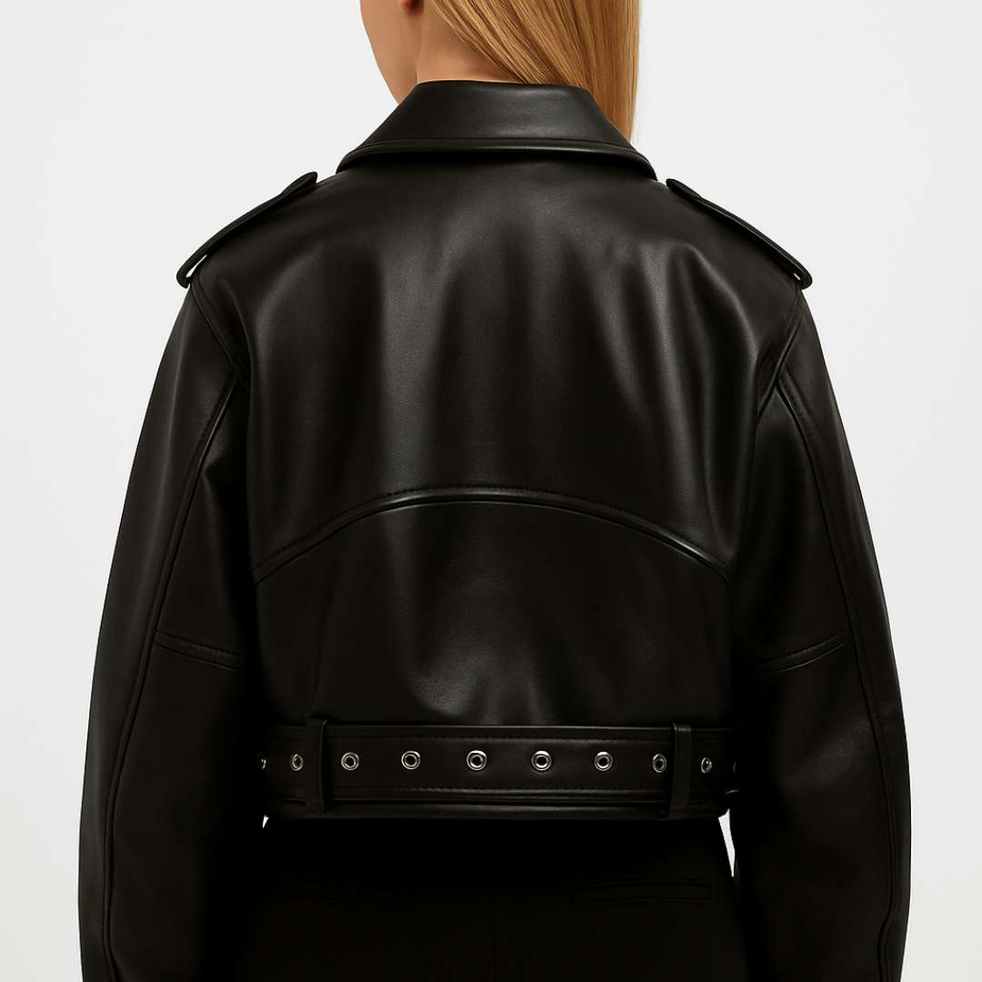 Dames Kort Bikerjack met Ceintuur en Ritsdetails
