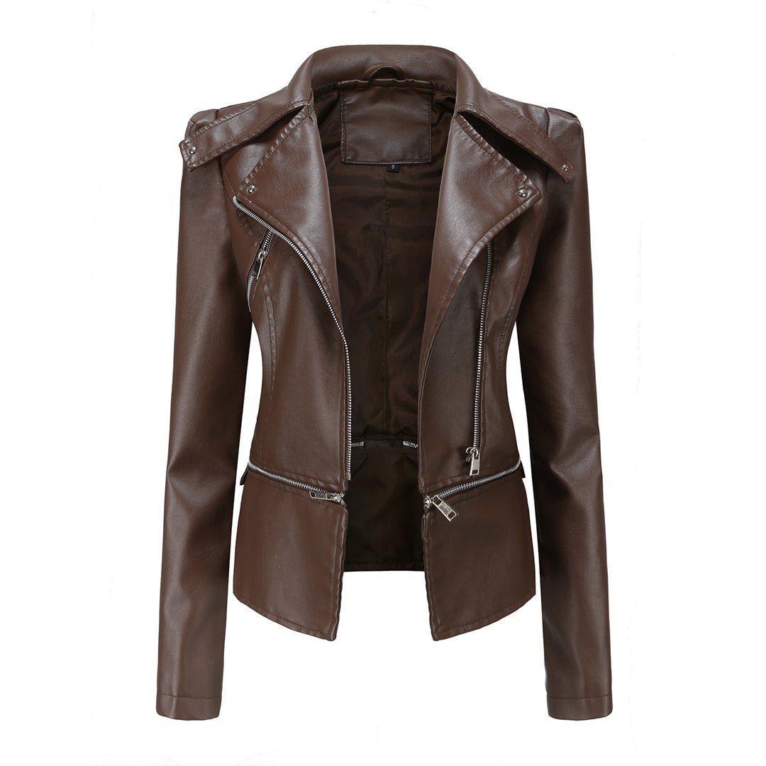 Elegant Leren Jasje met Asymmetrische Rits en Reverskraag