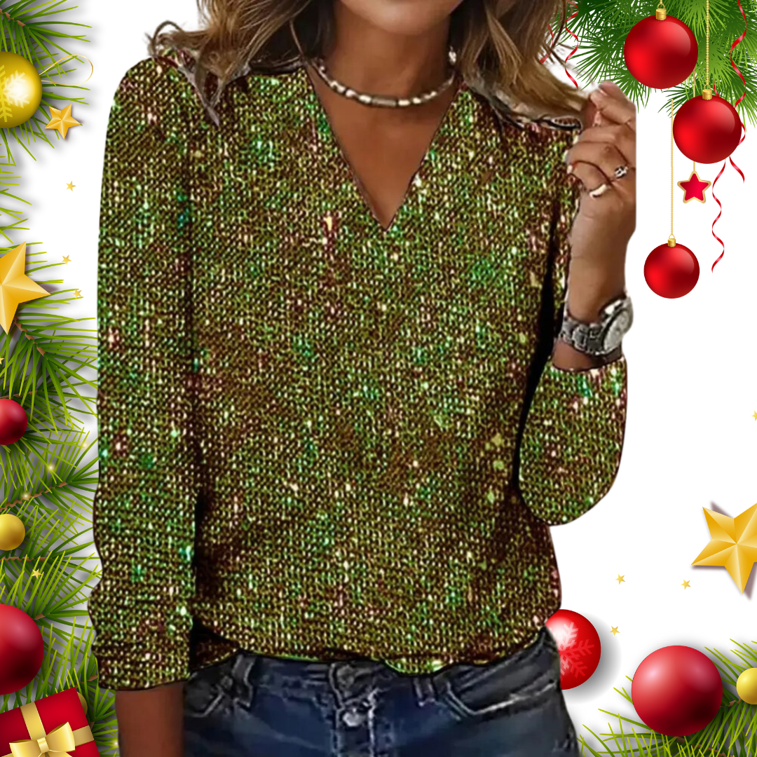 Top Glitter V Hals Lange Mouwen Elegante Pasvorm Dames Avond