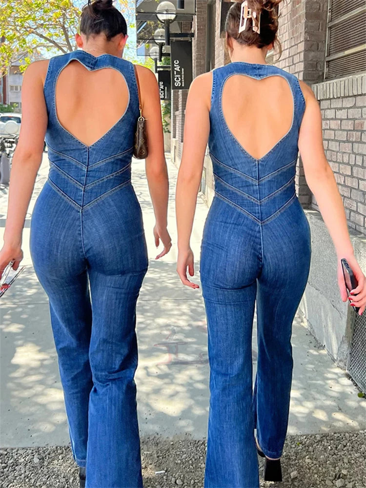 Backless Hartvormige Denim Jumpsuit voor Dames