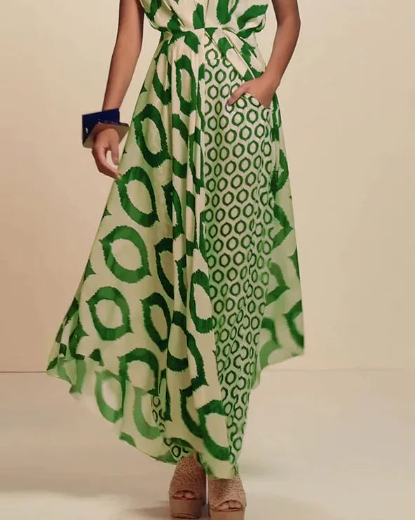 Elegante Maxi-Jurk met Grafische Print en V-Hals – Comfort & Stijl