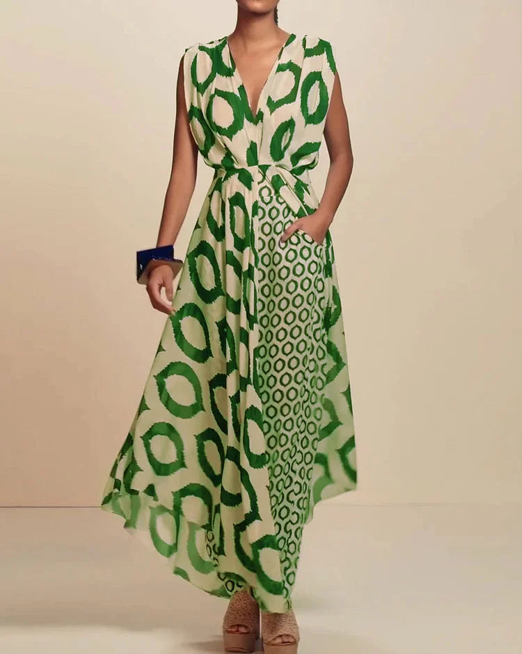 Elegante Maxi-Jurk met Grafische Print en V-Hals – Comfort & Stijl