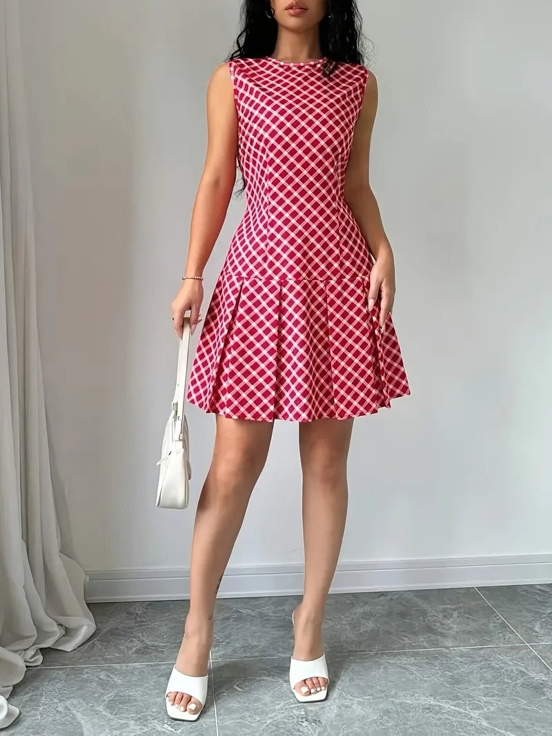 Mouwloze A-lijn Jurk met Vintage Ruitprint