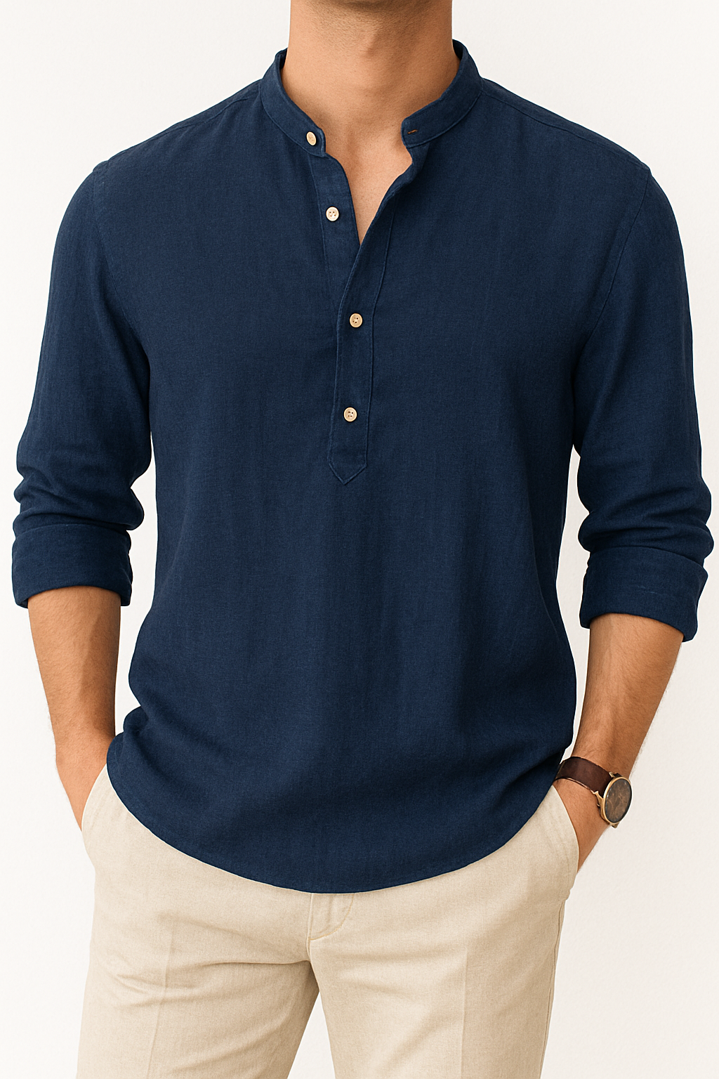 Linnen heren overhemd met Henley kraag - Zomerstijl