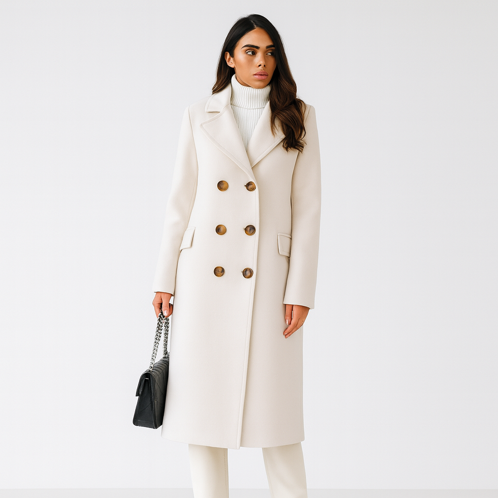 Dames Lange Jas met Dubbele Knoopsluiting – Elegant & Tijdloos