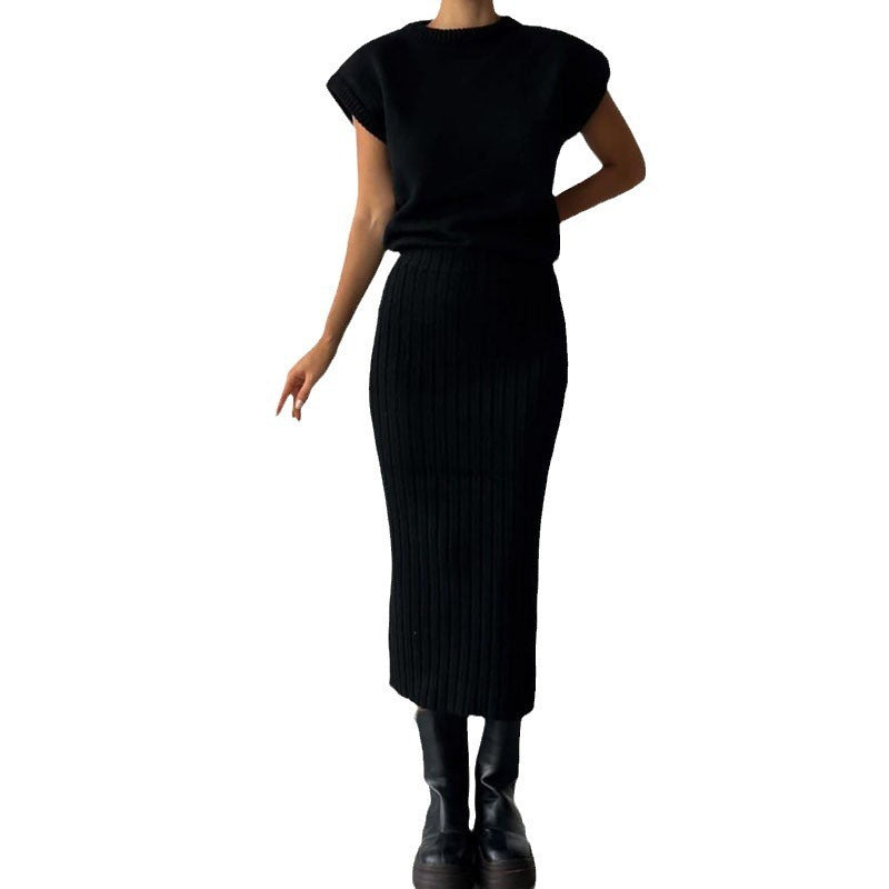 Dames Rib Gebreide Set – Elegante Top & Midi Rok Tweedelig