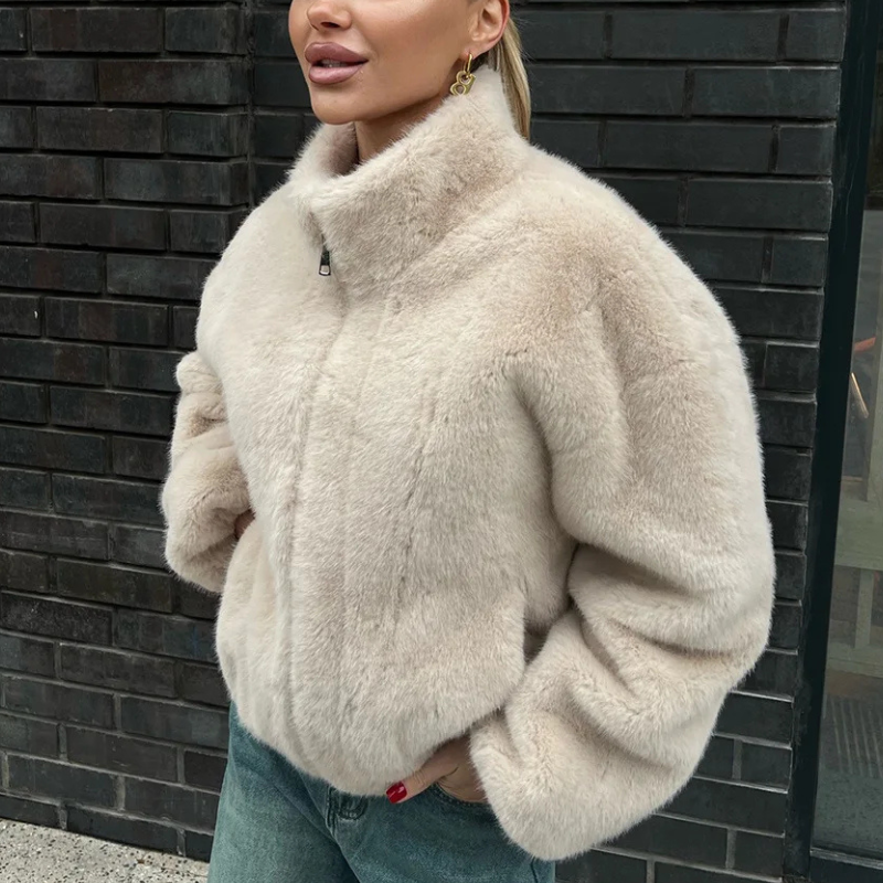 Dames Zachte Winterjas – Elegante Faux Fur Kort Jack