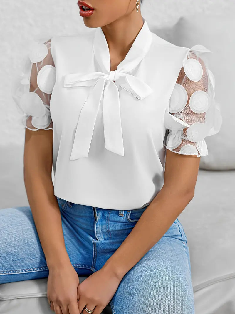Blouse Dames Strikdetail Pofmouwen Elegante Pasvorm Dames