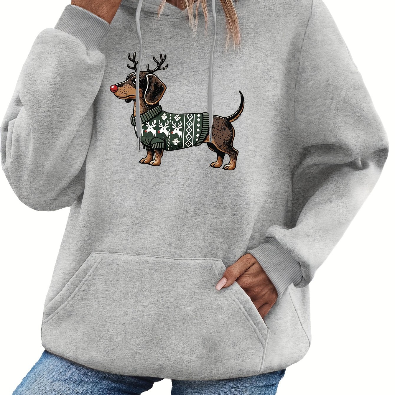 Dames Kerst Hoodie met Teckel Print – Warme Winter Hoodie