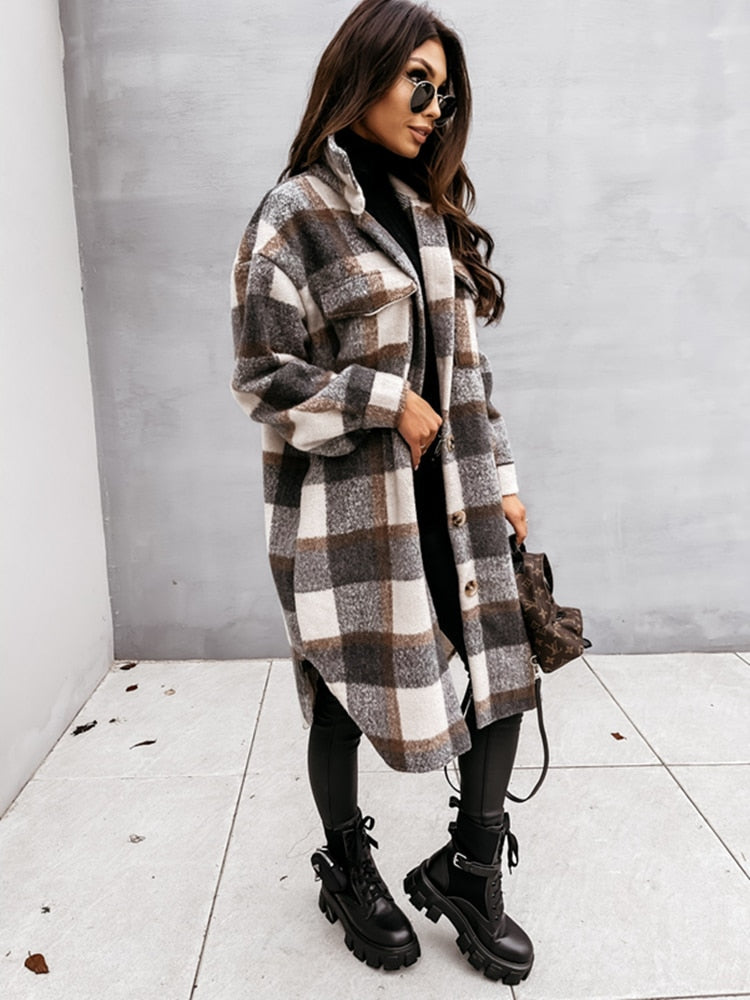 Lange Dames Jas Oversized Geruit – Warme Winterjas in 4 Kleuren