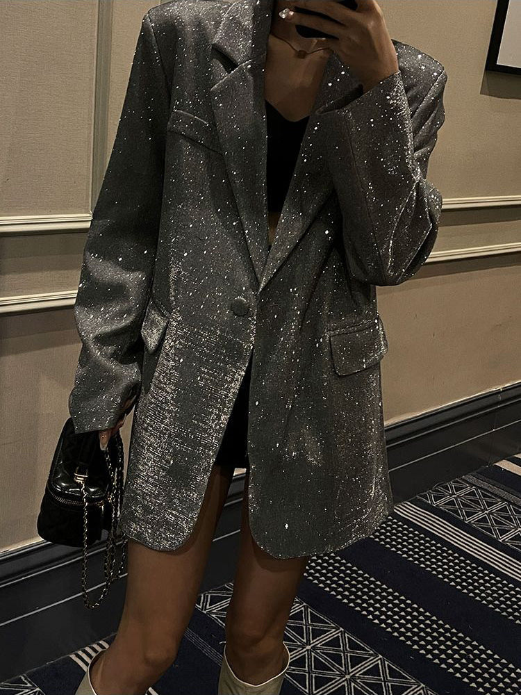 Dames Pailletten Blazer Zwart/Zilver – Oversized Feestelijke Party Blazer