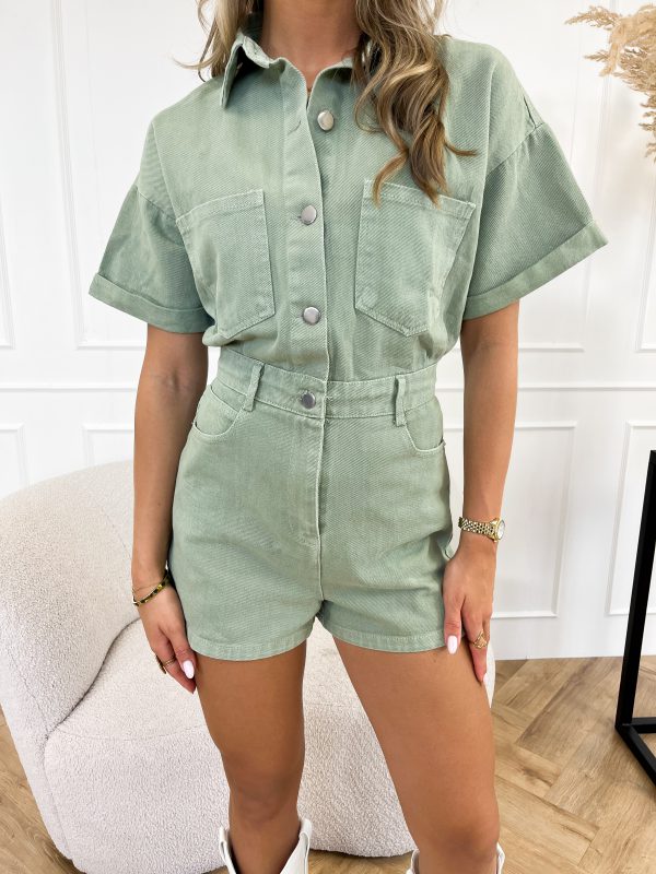 Korte denim jumpsuit met knopen en blouse design