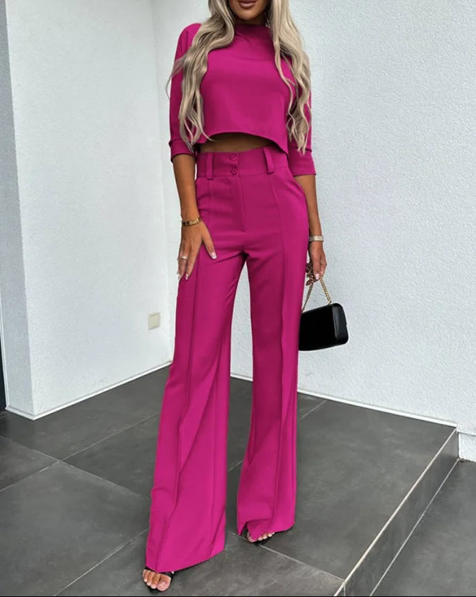 Elegante Semi-Fit Set met Wijde Pijpen en Lange Mouwen