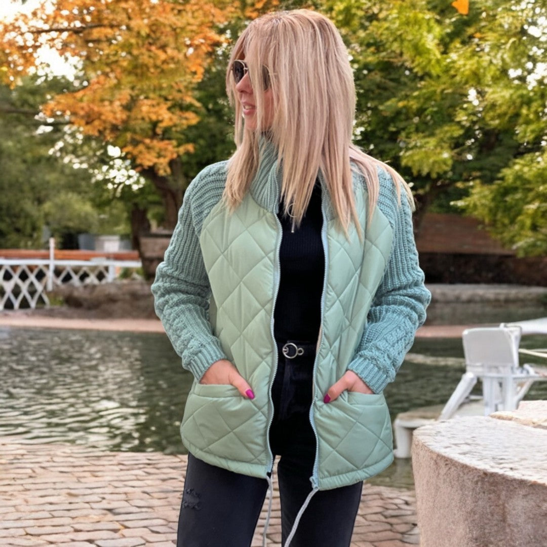 Dames Gewatteerde Jas met Gebreide Mouwen – Comfortabel & Stijlvol
