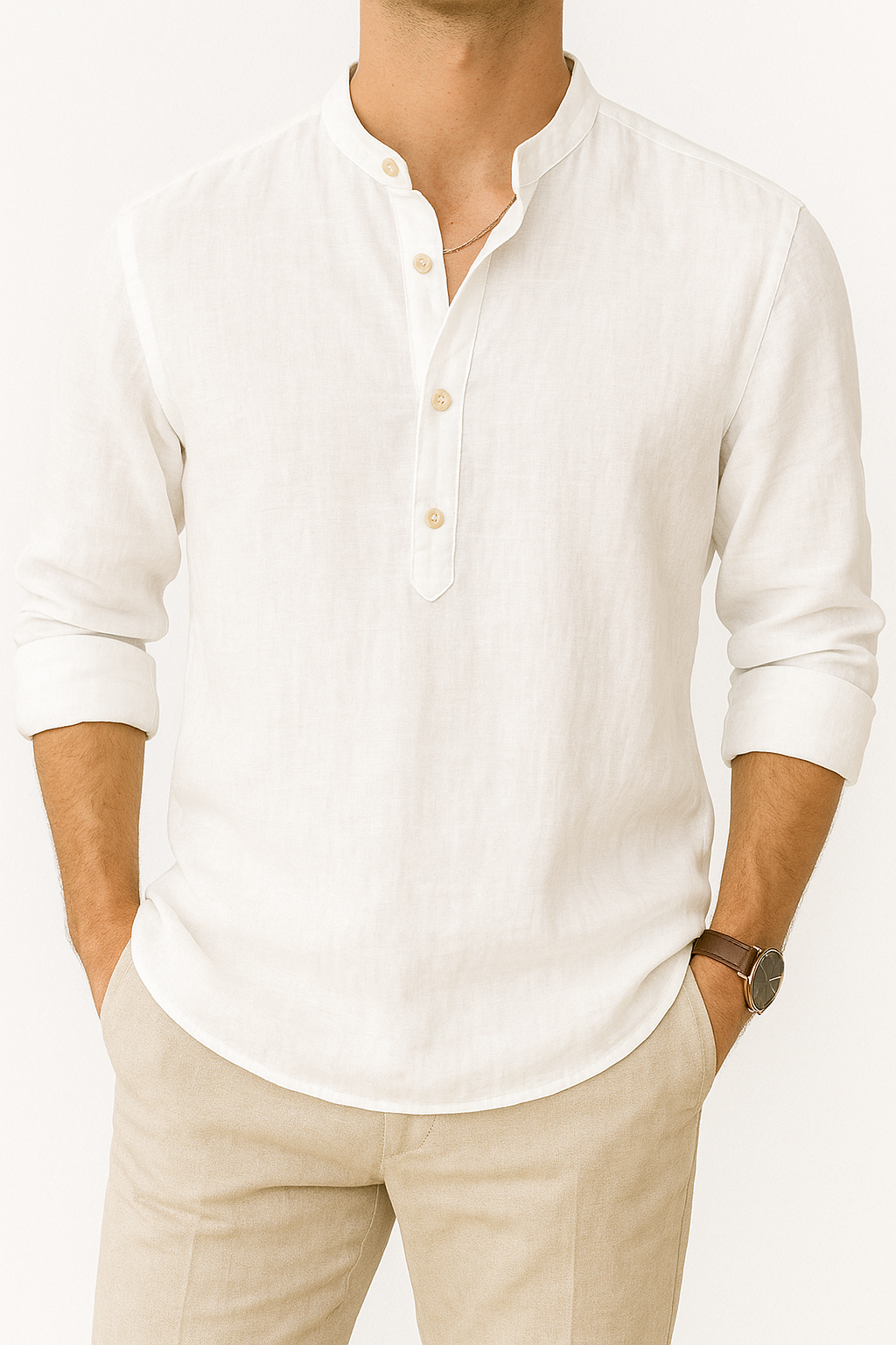 Linnen heren overhemd met Henley kraag - Zomerstijl