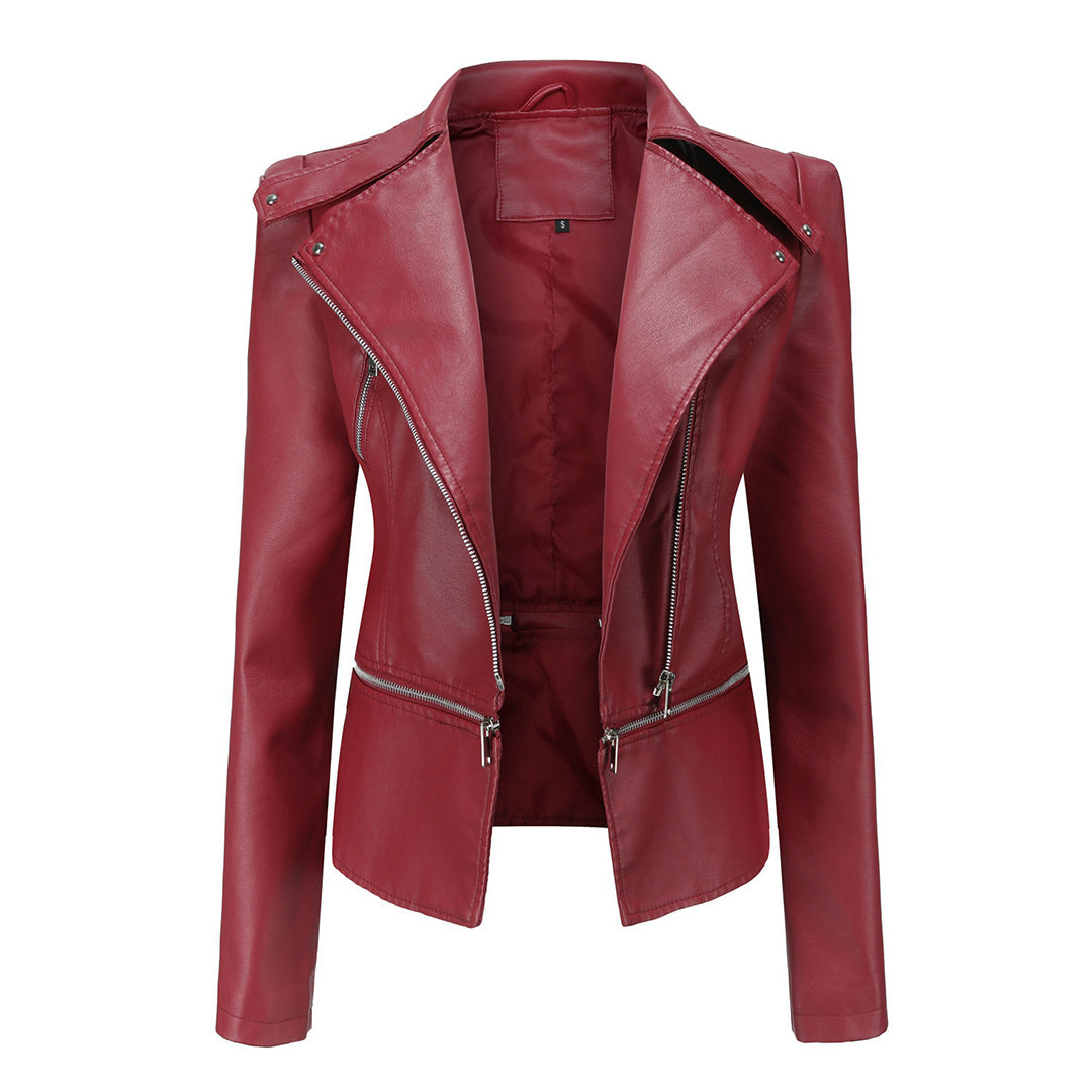 Elegant Leren Jasje met Asymmetrische Rits en Reverskraag