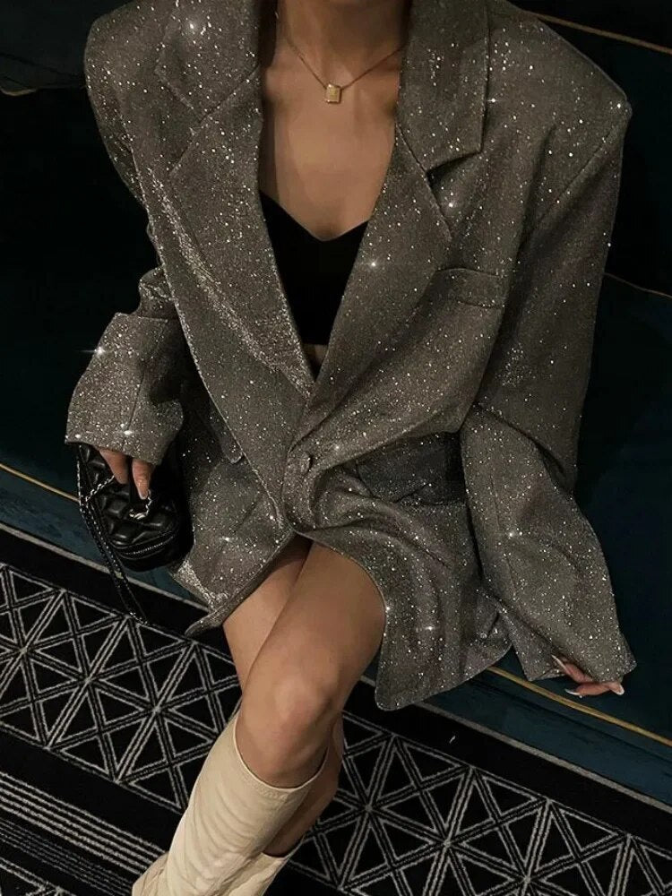 Dames Pailletten Blazer Zwart/Zilver – Oversized Feestelijke Party Blazer