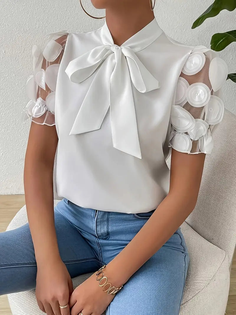 Blouse Dames Strikdetail Pofmouwen Elegante Pasvorm Dames