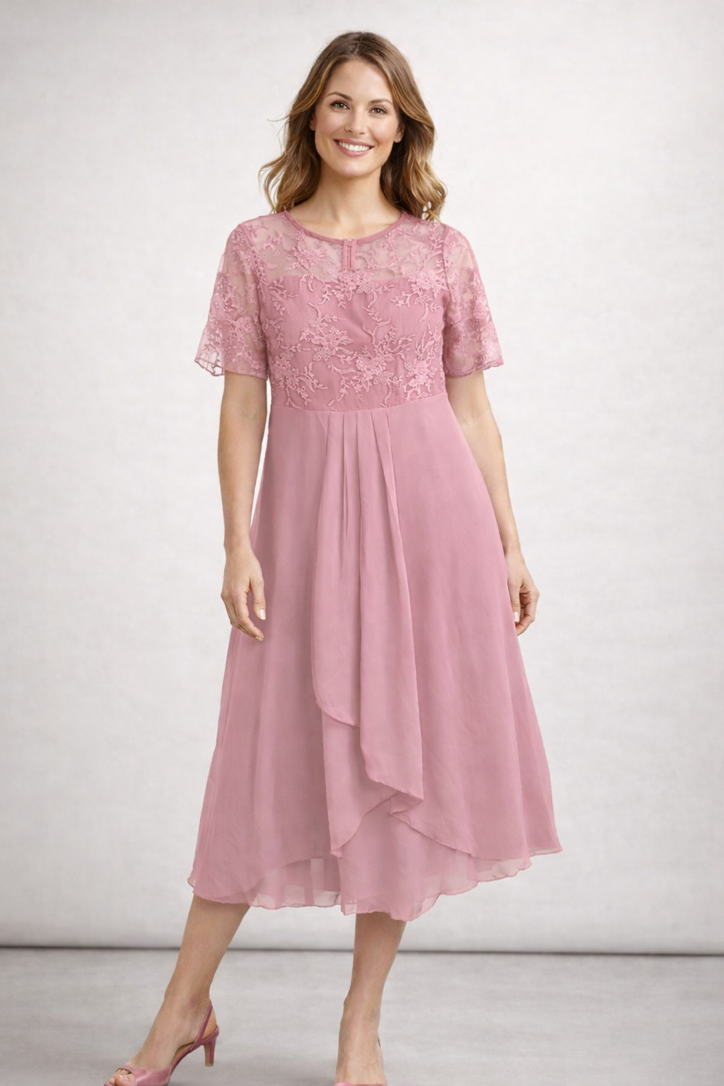 Midi Jurk Kant Korte Mouwen Elegante Pasvorm Dames Model