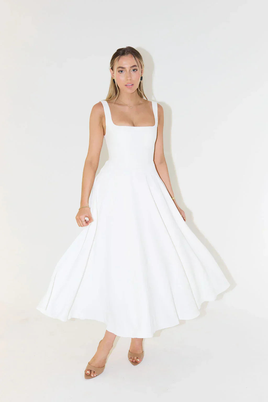Midi Jurk Hoge Taille Vierkante Hals Elegante Pasvorm Dames