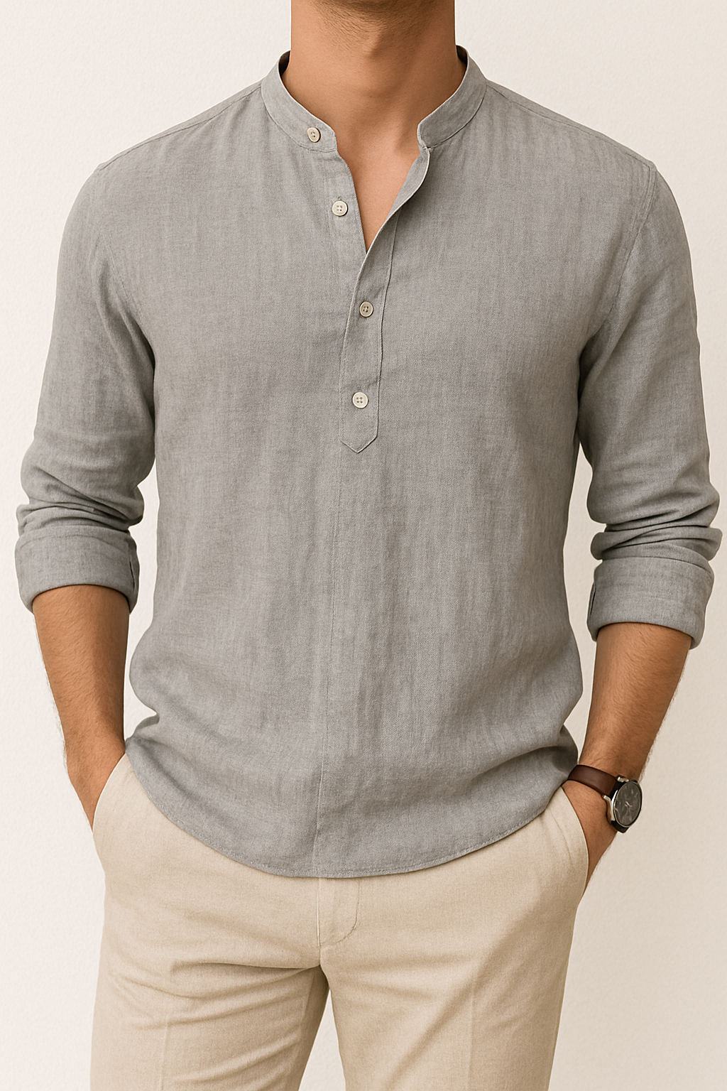 Linnen heren overhemd met Henley kraag - Zomerstijl