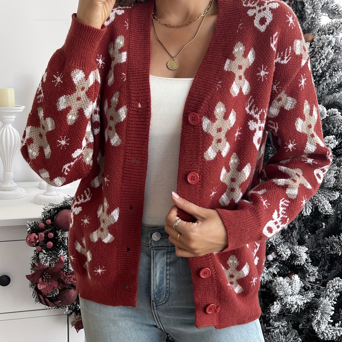 Kerst Cardigan met Sneeuwvlokken – Warme Dames Winter Vest