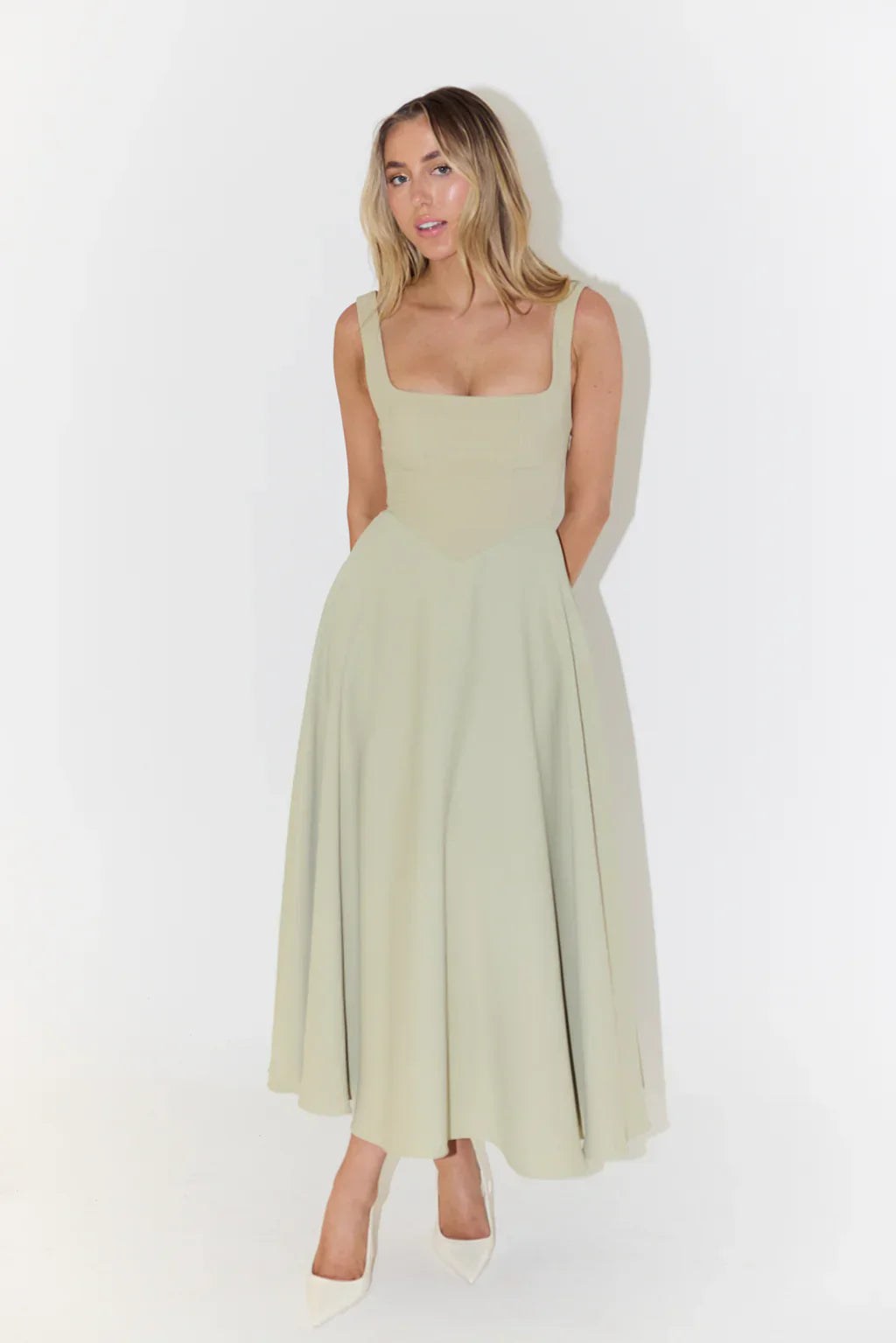 Midi Jurk Hoge Taille Vierkante Hals Elegante Pasvorm Dames