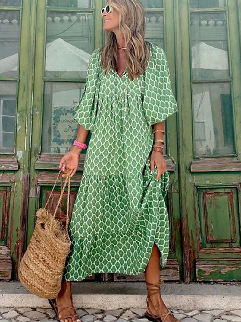 Boho Zomerjurk met Puffmouwen en Relaxed Fit-mezamstore.nl