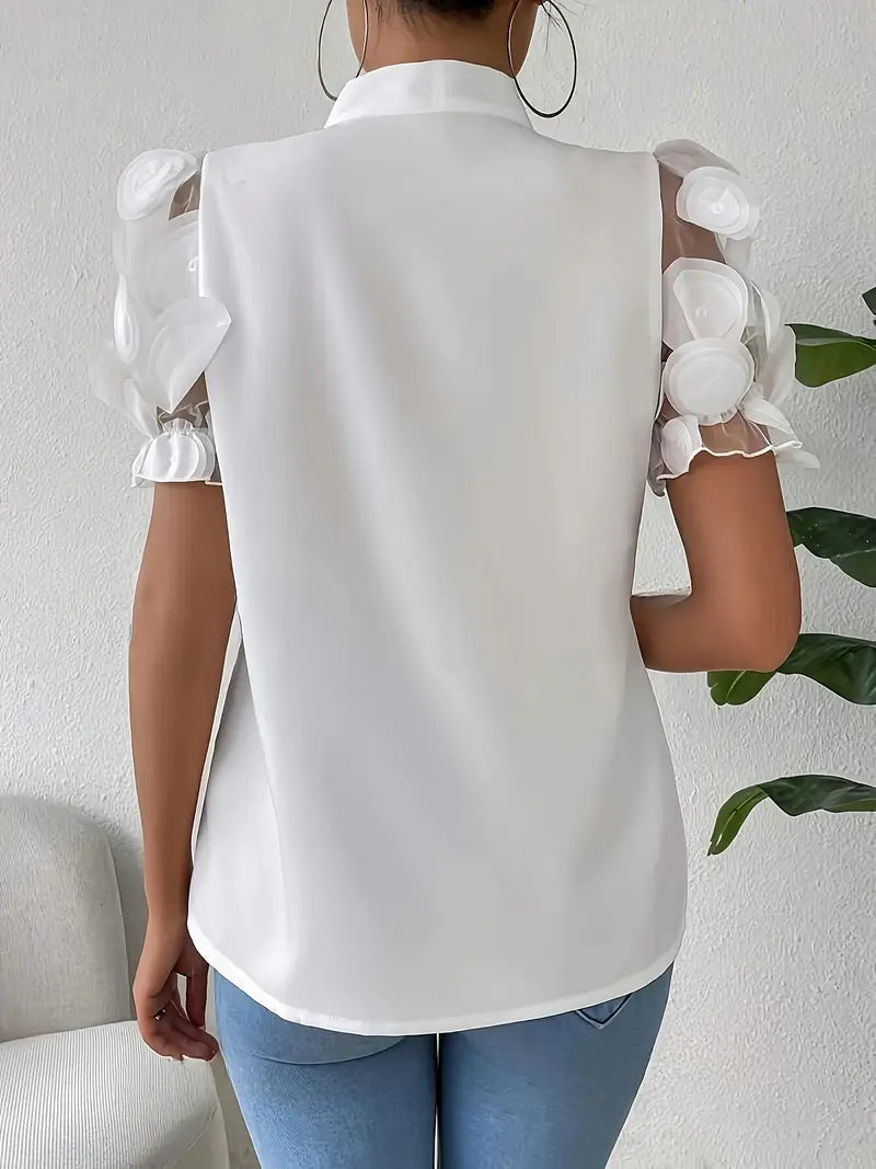 Blouse Dames Strikdetail Pofmouwen Elegante Pasvorm Dames