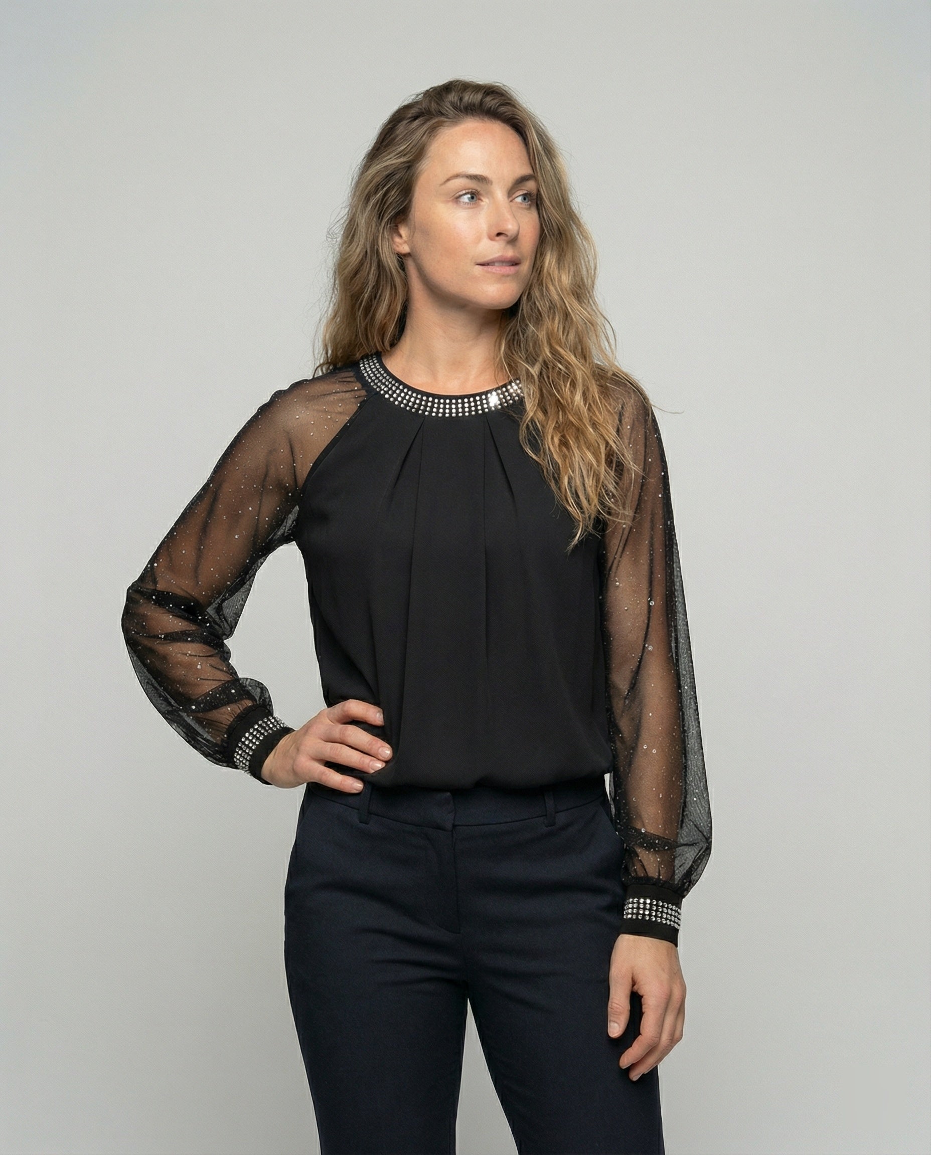 Top Pailletten Mesh Mouwen Ronde Hals Dames Elegante Pasvorm