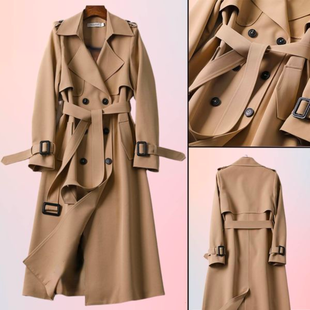 Dames Lange Trenchcoat – Elegante Jas met Ceintuur en Dubbele Rij