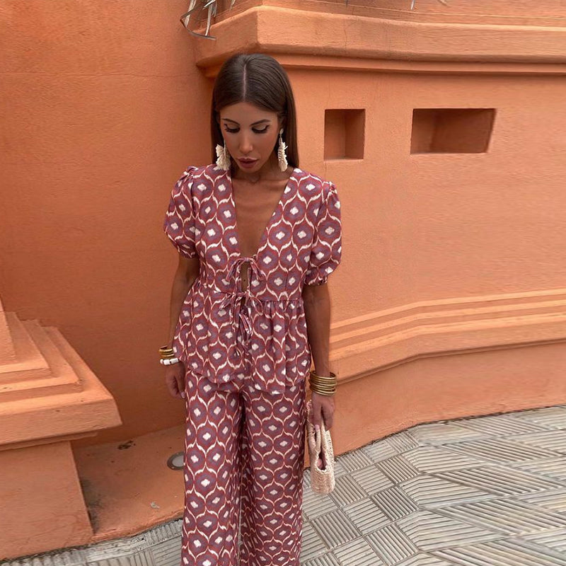 Dames Boho Tweedelige Set - Puff Mouw Top en Hoge Taille Broek