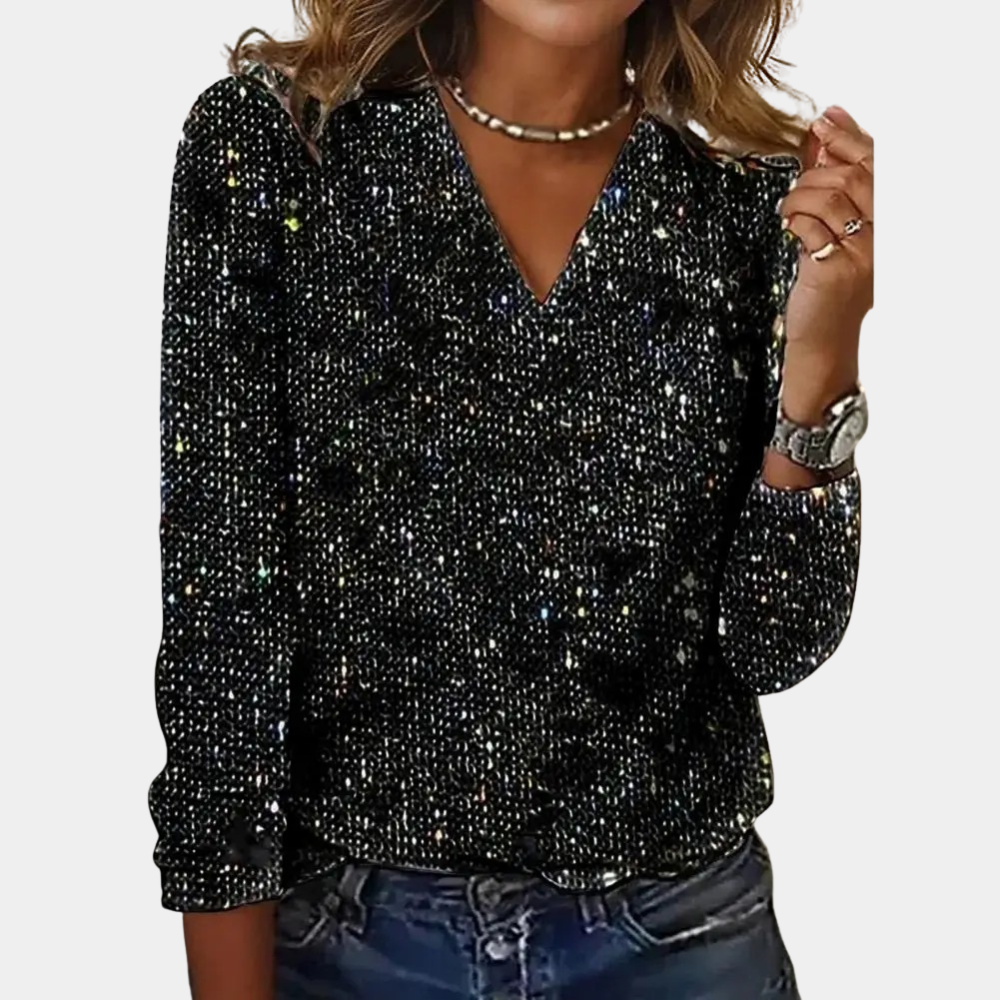 Top Glitter V Hals Lange Mouwen Elegante Pasvorm Dames Avond