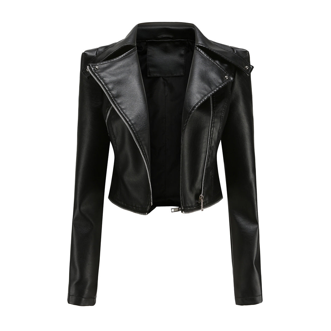 Elegant Leren Jasje met Asymmetrische Rits en Reverskraag