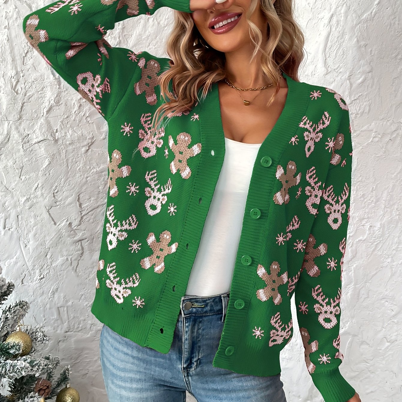 Kerst Cardigan voor Dames – Gebreid Vest met Winterse Print