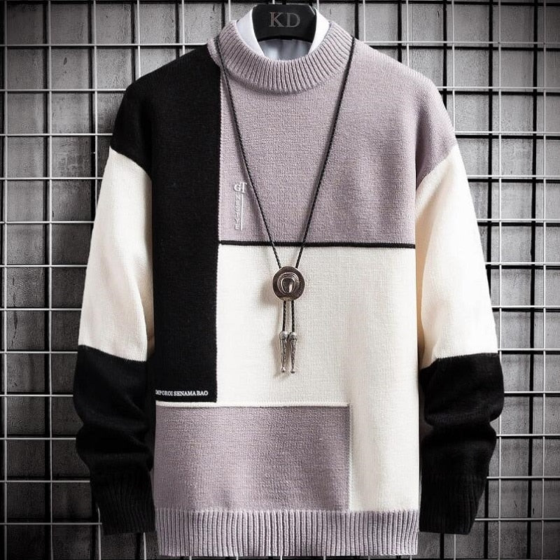 Warme Zachte Patchwork Trui Slim Fit Ronde Hals