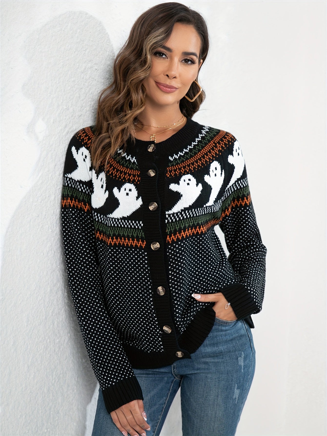 Halloween Strickjacke met Geistermotief - Comfortabel en Stijlvol-mezamstore.nl