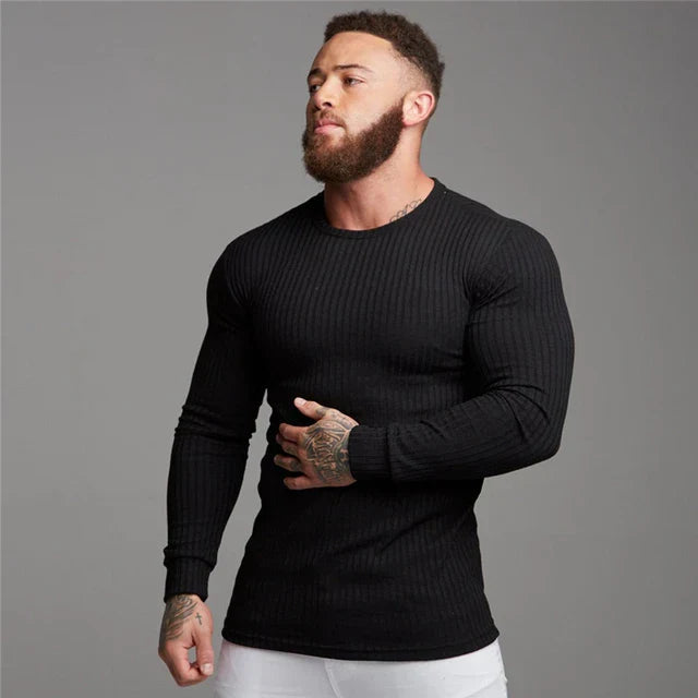 Heren Ribfit Longsleeve – Slim Fit Gebreide Stretch Trui